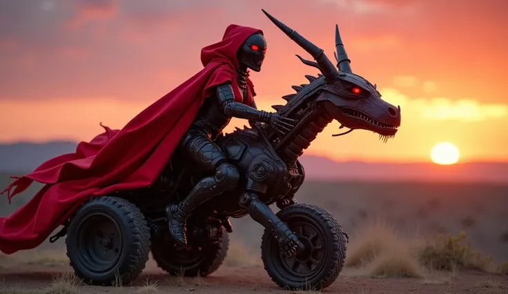 Red Riding Hood droid with red eyes, wearing red bikini armor and cape-chephonet, riding a mechanical three-wheeled dragon, against a cybernetic landscape at night at sunset. ((looking into the frame))