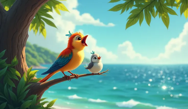 sea, while singing a chirping song at the top of the tree ;  Beautiful Bird listens to his melody and reacts happily.  Draw in animated style but realistic .