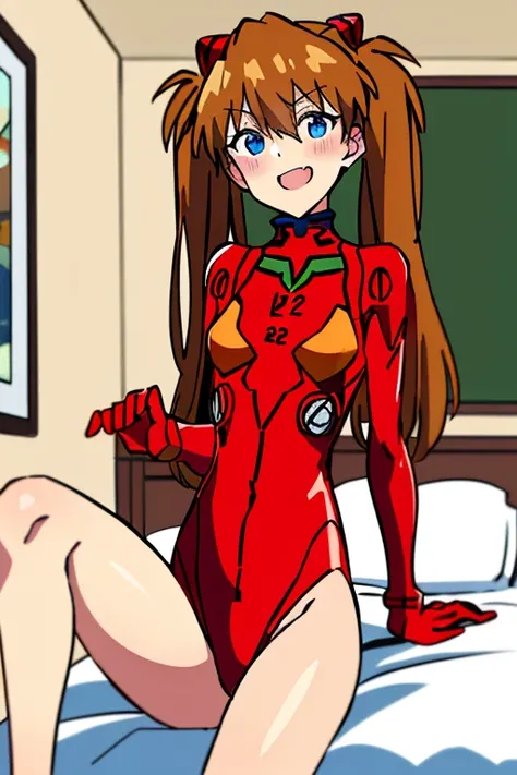 (( top quality)), ((masterpiece)), (be familiar with),  perfect face, indoor, bedroom,  viewer,
One woman,  Soryu Asuka Langley,
 open mouth,  ecstatic expression with hands in front of body, blush, smile,
 small tits,  flat chested, Young girl, Lori,  s, ...