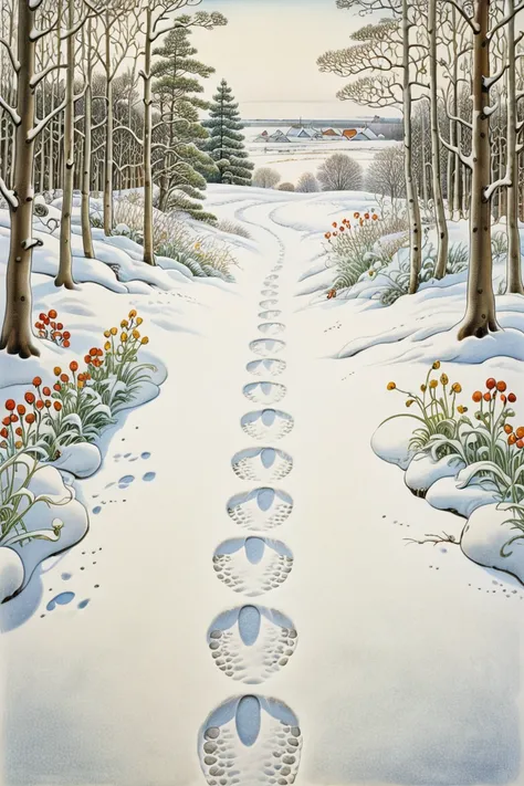 Footprints in Snow, back view, by Elsa Beskow.
best quality, masterpiece, intricate details, ultra-detailed