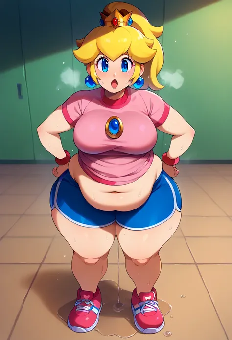 score_9, score_8_up, score_7_up, BREAK, 1girl, solo, princess peach, 1girl, solo, , blonde hair, ponytail, jewelry, bracelet, makeup, casual, cowboy shot, blue eyes, looking at the viewer, large breasts, hands on hips, blue soccer shirt, sweaty, dark blue ...