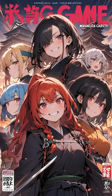  multiple women , all facing different directions,headband, Japanese Knife ,smile, No Emotion,Reckless attitude, Wicked Expression ,warrior,samurai,Hakama, black hair, Silver Hair,Blonde, red hair,Blue Hair, bob cut , ponytail, braids , hair over one eye,P...