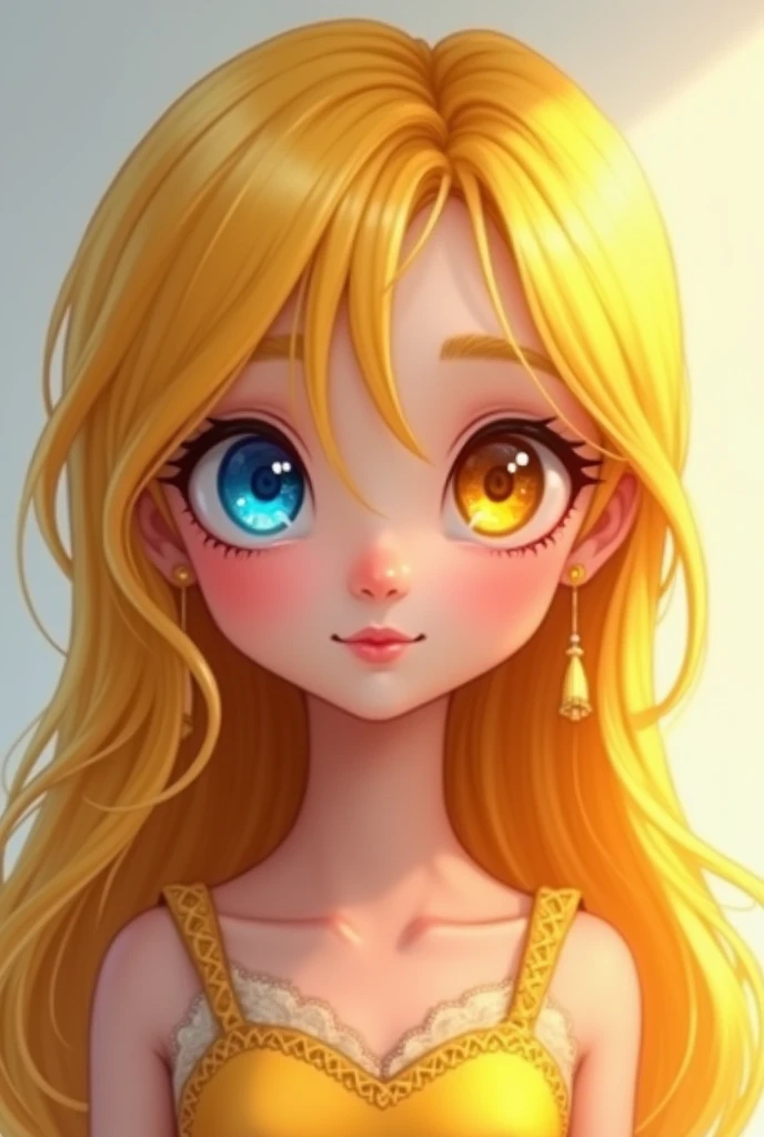 Odd eye,  and her right eye is blue , The left eye is yellow,  long straight hair, Yellow hair, Lori, small stature,  Fair Skin , , alone, Cuteness,  animated picture, Lovely 