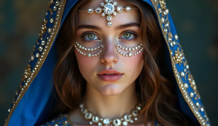 Beautiful Jesus Christ, big face and front, wearing elegant royal blue clothes surrounded by many diamonds all over her face, only face image, gorgeous image of Beautiful Jesus Christ that teenager fresher looks,