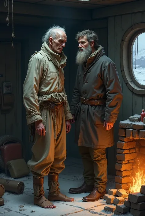 make a sick, thin adult man who was rescued from the Arctic by a navy captain in an old setting