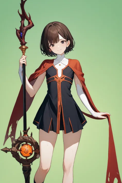 (green background:1.3), No wind, character sprite, Break, 
1 girl, (cute face), Intelligent Look, light smile, , (petite), 150 cm tall,, Standing, feet out of frame, (black short hair, blunt ends), black eyes, (flat chest:1.2), slim, (dark brown Mage Outfi...