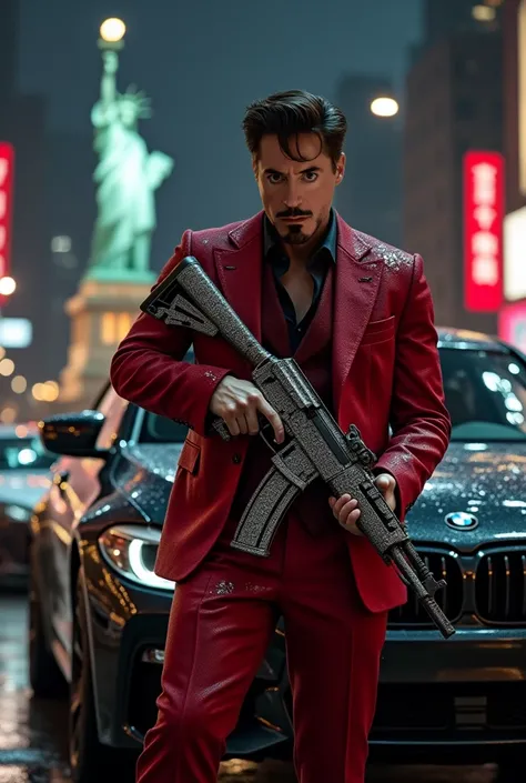 Marvel Ironman as a mafia (bloody red formal suit) with diamond Ak47 and black BMW car in new York City at night with Statue of Liberty