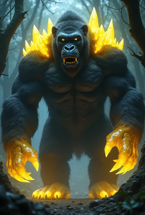 A magnificent, imposing beast resembling a giant gorilla, with an immense muscular frame. Its dark, thick fur is wild and untamed, and from its broad shoulders and along its back, stunning yellow translucent Chrysoberyl crystals emerge. These crystals grow...