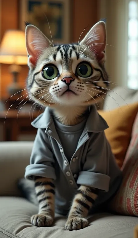  a humanoid anthropomorphic cat with a gray striped coat and large green eyes, sitting on a sofa in a modern living room.  The cat must be dressed in a gray t-shirt and an open button shirt ,  with an expression of surprise or concern . The background must...