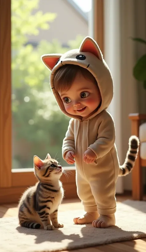  An ultra realistic image of a  up to two years old ,  with an expression of genuine happiness ,  wearing a detailed and realistic cat outfit .  The  has authentic human characteristics ,  with smooth, natural skin ,  fine, textured hair ,  and eyes with r...