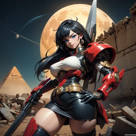 Desolate end of century desert
A huge group of destroyed ruins
pyramids
Multiple planets in the sky
big moon
Ride a military motorcycle
The girl with silver hair
長い脚
long legs
Buttocks
miniskirt
big boobs
My legs are whiplash
A huge weapon on the back
 hig...