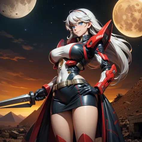 Desolate end of century desert
A huge group of destroyed ruins
pyramids
Multiple planets in the sky
big moon
Ride a military motorcycle
The girl with silver hair
長い脚
long legs
Buttocks
miniskirt
big boobs
My legs are whiplash
A huge weapon on the back
 hig...