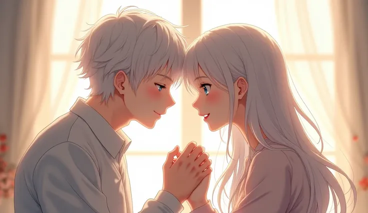 	Exposure, such as holding hands, reduces stress levels and builds bonds between couples. White haired, blue-eyed male and female anime