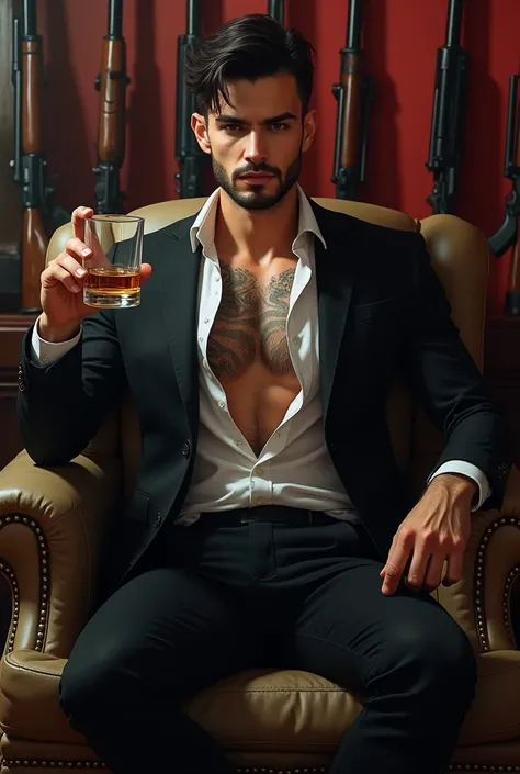  A young man ,  20 years old , Brunet,  with black eyes ,  with a shaved beard .  Sitting on a chair in a room surrounded by guns ,  with a glass of whiskey in hand . Has tattoos ,  a well-defined body ,  seductive look .  He is the main character . I want...