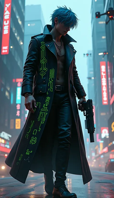 "A highly detailed 3D-style digital illustration of a male character with messy blue hair and a cybernetic visor. He wears a long black trench coat with neon green circuitry patterns, walking straight forward while gripping a glowing plasma pistol. The bac...