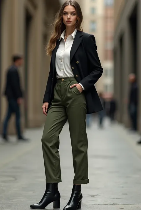  Girls Black Formal Jacket, Wear a white polo shirt, Army Green Pants  , Black high heel boots