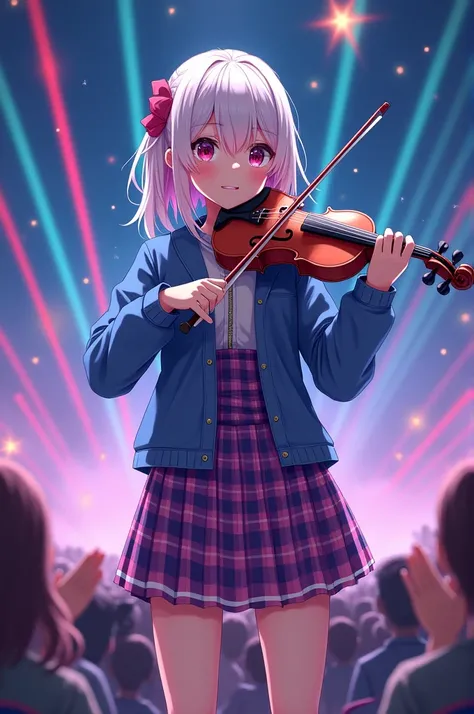 (( detail  ,masterpiece ,Anime 8K, focuses on each expressive detail  , digital anime  , focused on the light  )) the scene behind a girl  ,  she stands on the stage , that two hands  , a violin handle , the other hand holding the zipper  ,  she has white ...