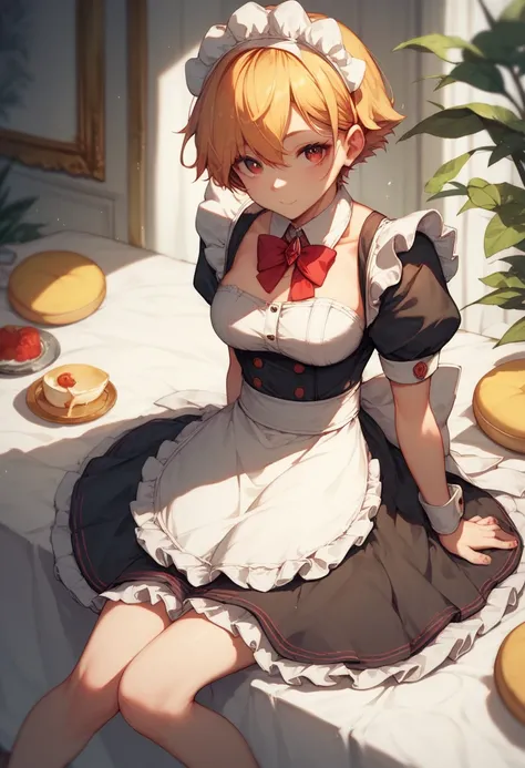  cute anime girl, yellow short hair, red eyes, maid outfit, short skirt, side profil, sitting, princess, big boobs