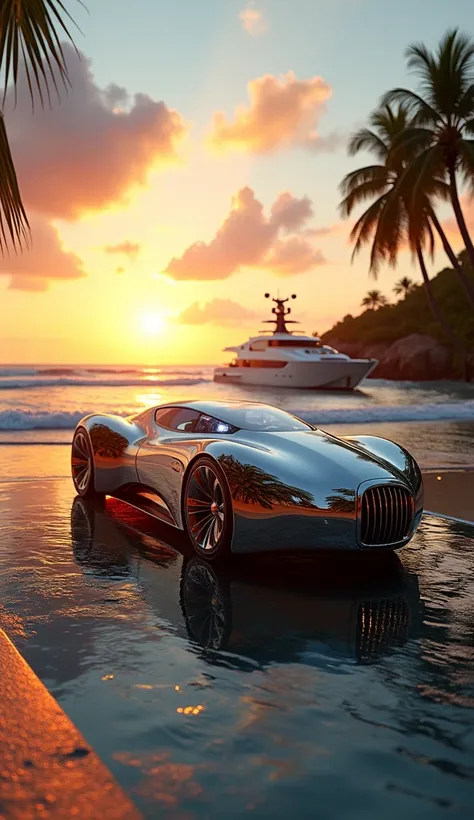 July:
"A futuristic, chrome-plated vehicle parked on a luxurious yacht, docked at a tropical beach during golden hour. The reflection of the setting sun on the sleek surface of the car matches the warm, orange hues in the sky. Palm trees sway in the gentle...