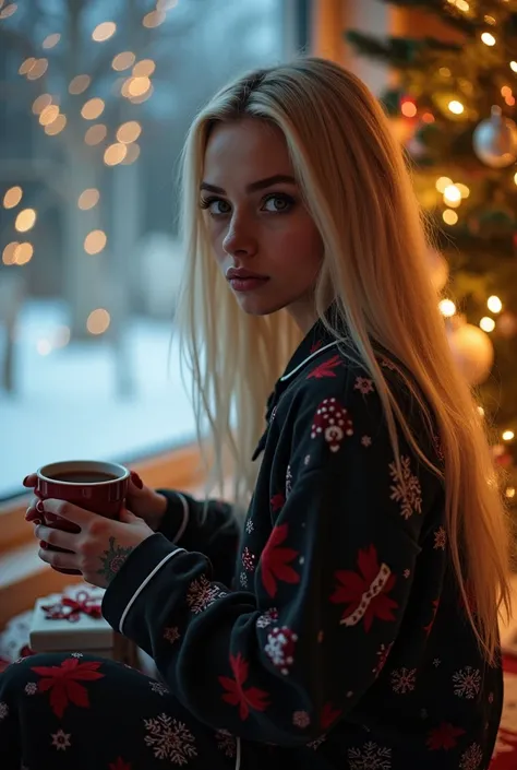 A woman with very straight, long blonde hair, brown eyes, tattoos and piercings, wearing black pajamas with a Christmas print, sitting next to the Christmas tree, in her hands a gift and a cup of chocolate, through a window you can see a snowy landscape an...