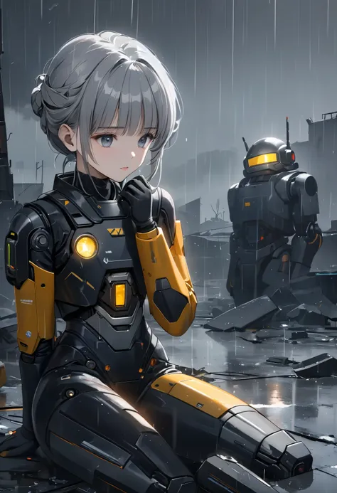  Best Artist,anime,(8k,  top quality)、 super high resolution、Adorable、 top quality, beautiful, Absurd beauty、  masterpiece on penis 、 Max Image、Rainy old background,Broken Android,A sad and poignant piece,Grey World,An android girl who continues to believe...