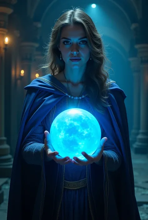 A blue superhero-caped female wizard, giving the viewer a blue orb, taking a realistic photo