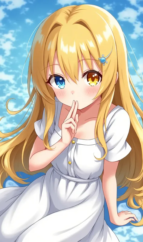 Odd eye,  and her right eye is blue , The left eye is yellow,  long straight hair, Yellow hair, Lori, small stature,  Fair Skin , , alone, Cuteness,  Japanese anime pictures, 