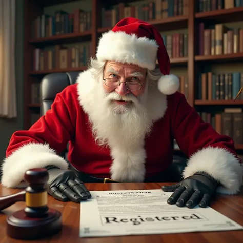 no errors, Perfect picture, realistic, hyperrealism:  Santa Claus stamping a "Registered" in Portuguese in a trademark registration document