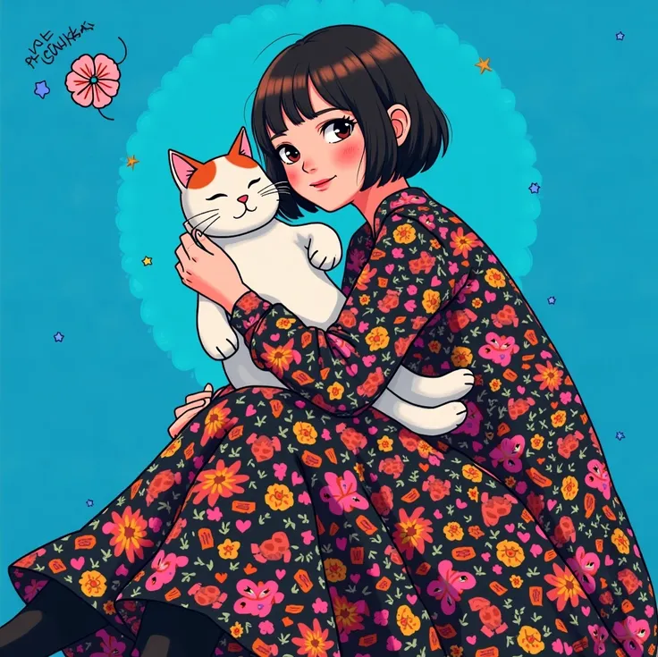 Pink background、cat pattern dress、girl holding a cat