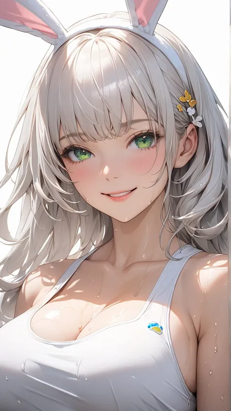 face details,semi realistic, Masterpiece, Master work, perfect , 4k, 1woman, wet body, mature body, big size breast, straight shoulder-length hair, flat Bangs hair style, white colored hair, bright green eyes, gentle smile expression face, wearing bunny ea...