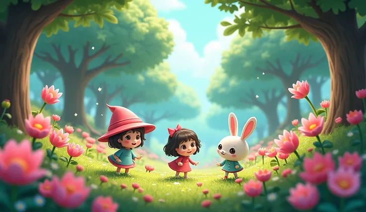 forest many flowers cartoon chibi3d style