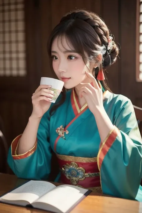  woman wearing an ancient Chinese costume sitting at a table drinking coffee, palace ， Girl in Hanfu, Young woman as Genghis Khan,  Beautiful oriental woman , Chinese women, Chinese girl, Chinese Princess, an  asian woman, a young  asian woman, ancient Chi...