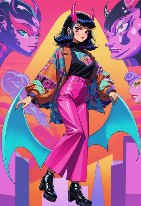 (masterpiece, best quality),Vaporwave style,90s anime style,1990s style,1970s anime.(Fashionable devil girl),dark brown face, black hair, oni horns, devil wings, psychedelic fashion. provocative pose,whole body,
have the style of folk portraits.retro style...