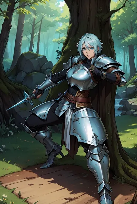 Anime fantasy warrior with armor, a sword and a shield, action pose, forest in the background, determined expression