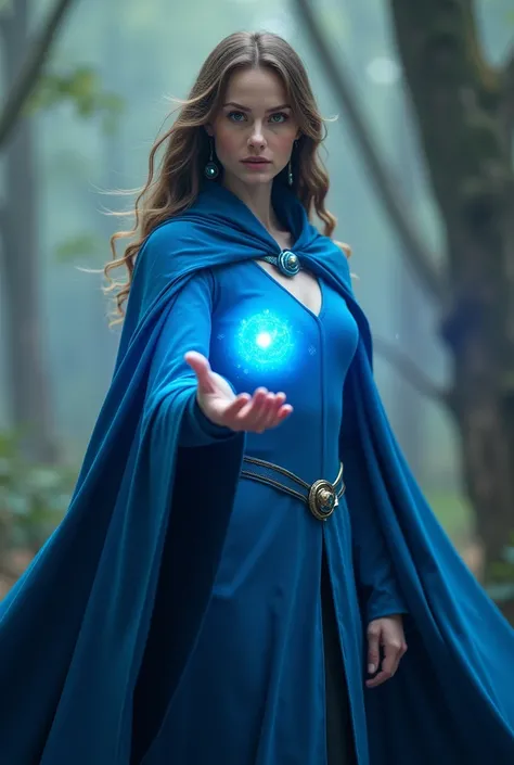 A blue superhero-caped female wizard, giving the viewer a small blue orb, holding the orb in one hand, taking a realistic photo