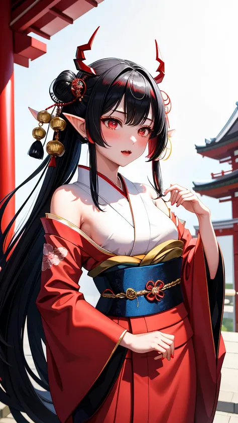 (masterpiece:1.4, best quality:1.4, ultra detailed:1.3, highres:1.2)
(beautiful Japanese oni girl:1.4, young female demon:1.3, ethereal beauty:1.3)
(small red horns:1.3, pointed ears:1.2, sharp red eyes:1.3, fangs:1.2)
(long flowing black hair:1.3, silky h...