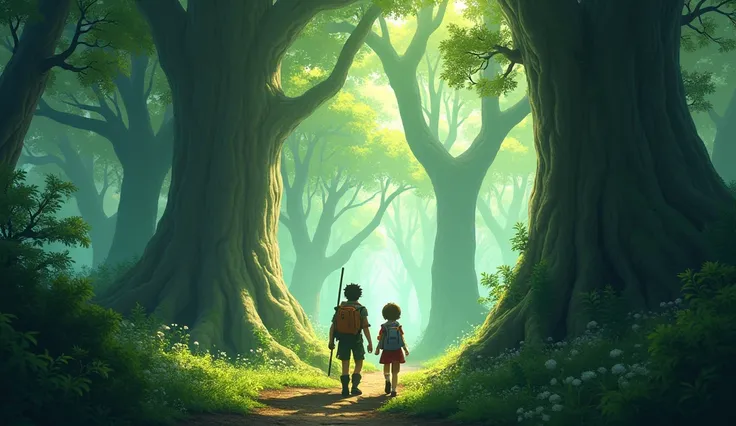 Eyl ,  A scene where Temir and Derya walk into the mysterious Forest.  High , ihtişamlı ağaçlar ve ormanın gizemli atmosferi.  draw realistic in animation style .