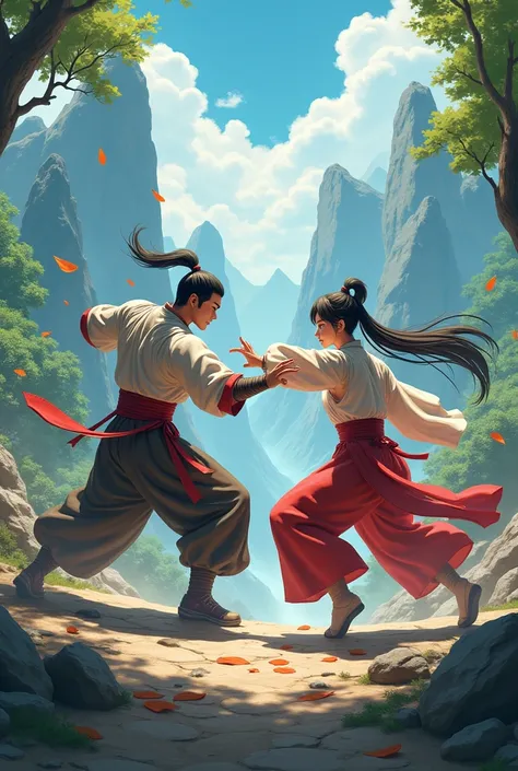 An anime Chinese male warrior fights fiercely with an anime Chinese female warrior in the middle of a 3D wilderness