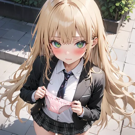  1 high school girl、(green eyes:1.5)、(Very troubled face:1.5)、(blush:1.5),( beige long hair:1.5)、( small breasts:1.1)、(Black blazer:1.1)、(Regular necktie:1.1)、( black plaid mini skirt:1.1)、( beautiful thighs:1.1)、(holding panties:1.5),( cowboy shot:1.1)、Re...