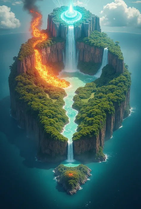 An island with 5 segregated habitats, each represented by the elements fire, water, sunshine, flora and rock. No humans, the figures/characters are made up of their elements. They live in peach and harmony but in separation from one another.