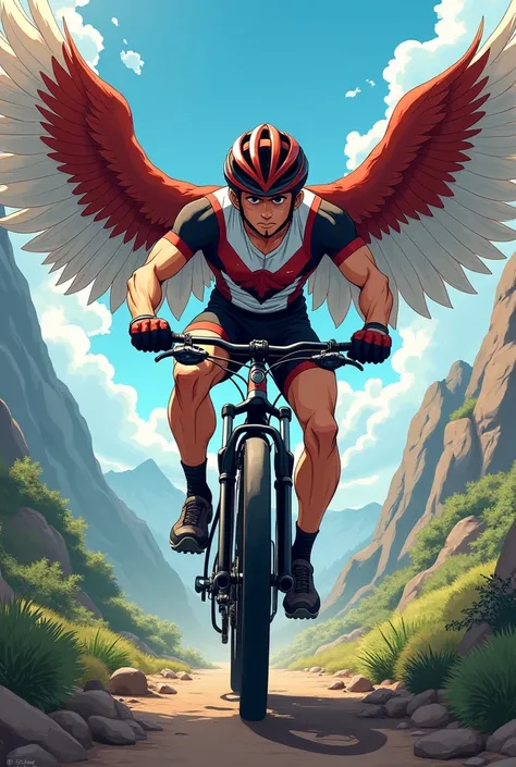 make a male athlete anime character with wings and wear a helmet and ride a mountain bike in white red black garuda patterned clothing