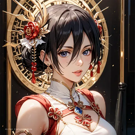 (( top quality)), ((masterpiece)), ( Details), （ perfect face）、The woman is a dark-haired Mikasa Ackerman, prepared to become an ideal Chinese woman and was brilliantly completed 、She became an ideal Chinese woman who was perfected in a luxurious room, dec...