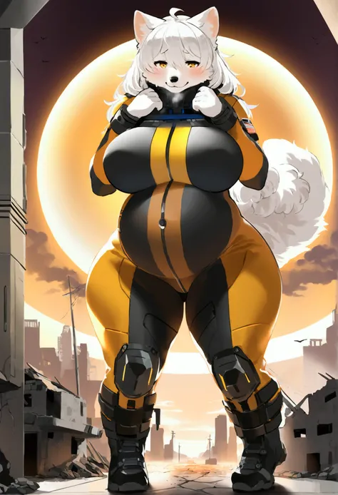 top quality, best quality, Bogexboog, High-quality illustrations, masterpiece, uploaded on furaffinity), (kemono, furry anthro), very beautiful and detailed body face and eyes, round, 1 female, samoyed, slightly chubby, mature face, furs, fluffy, tail, hug...