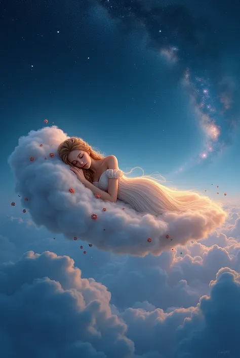 Sleeping beauty on a cloud. Magnificient night, beautiful starry night. 