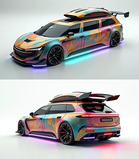 long suv minivan limousine hybrid, covered in rainbow batik pattern and glowing rgb runes, spoiler on the back, off road wheels, roof cargo box, front view and rear view of the same car, white background