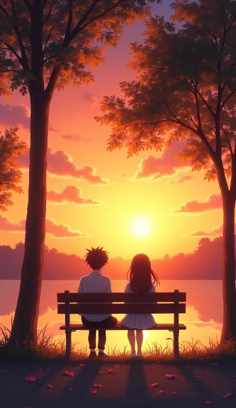 anime couple sitting on a bench in a park at sunset, warm beautiful scene, sakimichan and makoto shinkai, beautiful anime scene, watching the sun set. anime, calmly conversing 8k, anime beautiful peace scene, romantic couple, with sunset, beautiful anime, ...