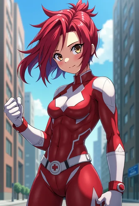 My Hero Academia Style , Anime girl, female, young female ,Full Body Shot,(fighting stance:1.3),Long hair, Red Hair,  Brown Eyes,Hero Suit, Full Body Suit, red suit with white details, perfect anatomy,  Toughened Abs,super detailed,(Buildings:1.2）