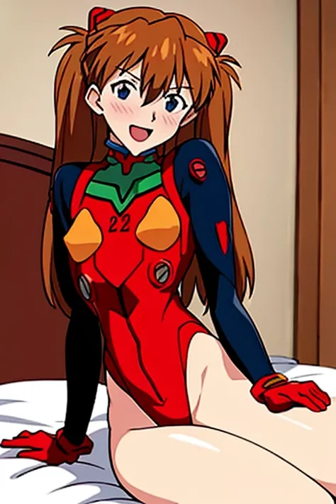 (( top quality)), ((masterpiece)), (be familiar with),  perfect face, indoor, bedroom,  viewer,
One woman,  Soryu Asuka Langley,
 open mouth,  ecstatic expression with hands in front of body, blush, smile,
 small tits,  flat chested, Young girl, Lori,  s, ...