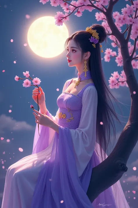 She was very beautiful,Flowing black hair, Perfect face  , has white pink skin  , harmonious purple double-eyelid eyes  ,  wearing a Chinese antique costume with purple color scheme and white ,  she wears a yellow phoenix brooch  ,  slender hands holding a...