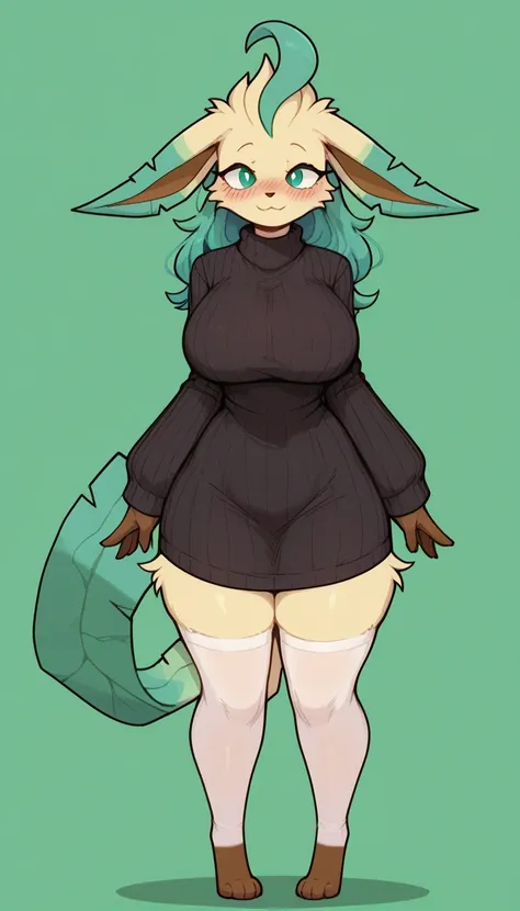 Excited expression, 1girl, anthro, furry, fur, fluffy fur, leafeon girl, green hair (cyan highlights), green eyes, long green hair, Messy hair, (19 years), enormous breast, enormous thighs, solo, (green background), detailed, green sweater, black gown, whi...